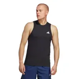 Musculosa deportiva Adidas de corte ajustado, color negro con cuello redondo y logo de la marca estampado en blanco en el pecho.