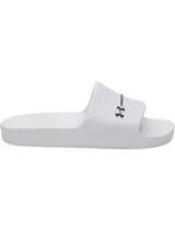 Sandalias Under Armour W Armr Slide Lite de color blanco, fabricadas en EVA moldeada de una sola pieza. Presentan una tira superior con textura en relieve y el logo de la marca en negro.