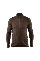 Buzo marrón de lana con cuello alto y media cremallera frontal.