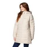 Campera acolchada de largo medio Columbia, color beige, con capucha integrada, cierre frontal completo, bolsillos laterales con cremallera y puños elásticos.