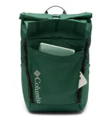 Mochila Columbia modelo Convey III 27L Omni-Shield de color verde, con cierre enrollable, tiras ajustables y el logo de la marca impreso en el frente.