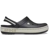 Zueco Crocs modelo Crocband Heritage, color negro con banda lateral en tono crema. Presenta correa de talón pivotante bicolor, diseño con textura pronunciada y detalles de costura, fabricado en espuma Croslite ligera.