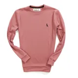 Buzo rosa viejo de punto fino tipo waffle, con cuello redondo a la base y logo bordado en el pecho.