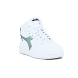 Botas de caña alta Diadora modelo Raptor, color blanco, con logo lateral en tono verde menta/gris claro y cordones blancos.