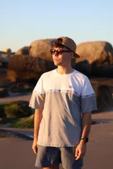 Remerón gris con mangas cortas y estampado frontal con el logo de la marca 'Glassy Waves' y un diseño de ondas y motivos tribales.