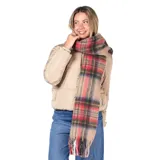 Bufanda de lana con diseño de cuadros escoceses en tonos beige, rojo, azul y amarillo, con terminación de flecos en los extremos.