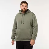 Buzo verde oliva de felpa con capucha, cordones ajustables y bolsillo canguro.