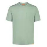 Remera de manga corta color verde menta, con cuello redondo y bolsillo frontal en el pecho. Presenta un diseño de corte holgado y tejido de punto suave.