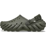 Zuecos Crocs modelo Echo Clog, de color negro, con diseño moldeado de aspecto futurista, aberturas de ventilación y correa trasera ajustable de tela con almohadilla para el talón.
