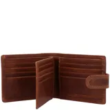 Billetera plegable de cuero natural color marrón con cierre de solapa y broche. Presenta costuras reforzadas a la vista y el logo de la marca grabado en la parte inferior derecha.