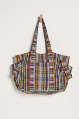 Bolso tote de tela con estampado de cuadros multicolor, gran capacidad, doble asa de hombro y bolsillos laterales.