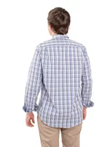 Camisa de hombre a cuadros rojos y blancos, de manga larga y corte clásico.