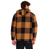 Chaqueta tipo camisa de franela con capucha, diseño a cuadros en tonos marrón y negro. Cuenta con cierre frontal a presión, bolsillos en el pecho con solapa y bolsillos laterales inferiores.