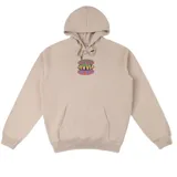 Canguro beige con capucha y bolsillo delantero tipo canguro. Estampado frontal con logo de la marca en colores verde, violeta y naranja.