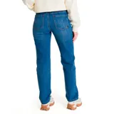 Jeans de corte recto y tiro alto, confeccionados en denim color azul medio. Presentan diseño clásico de cinco bolsillos, cierre con cremallera y detalles de marca en remaches y parches traseros.