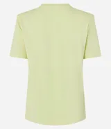 Blusa amarilla de algodón con cuello redondo, mangas cortas y hombreras.