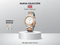 Reloj Mini Focus con caja plateada y detalles en dorado, cuadrante blanco con números romanos y correa de acero plateada y dorada.
