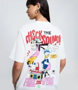Remera de algodón color blanco con cuello redondo y mangas cortas. Presenta una estampa frontal con el personaje Mickey Mouse, elementos musicales y la frase 'Check the sound! Feel the vibe'.