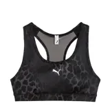 Top deportivo Puma modelo 4Keeps Bra, color negro con estampado animal print sutil en tonos oscuros. Presenta espalda deportiva y logo blanco de la marca en el centro del pecho.