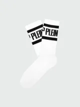 Medias blancas con rayas horizontales negras y logo de la marca en la parte superior.