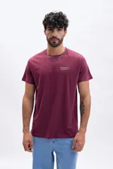 Remera de manga corta color bordó, con cuello redondo y un pequeño estampado minimalista en el pecho que dice "SCANNING...".