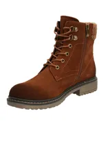 Botín de gamuza color café con ajuste de cordones, cuello de tejido de punto acanalado y suela de goma con relieve.