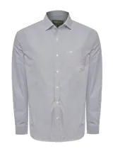 Camisa de manga larga para hombre de la marca RKF, modelo Easy Life, con diseño de rayas verticales en tonos gris y blanco. Presenta cuello italiano, cierre frontal con botones, corte regular fit y un bolsillo aplicado en el pecho con el logotipo bordado.