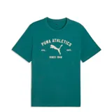 Remera de manga corta Puma, color verde, con cuello redondo y estampa frontal con el logo de la marca y la inscripción Puma Athletics.