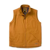 Chaleco marrón con cierre frontal, cuello alto y forro de poliéster tipo sherpa. Cuenta con un bolsillo con cierre en el pecho, dos bolsillos tipo canguro con remaches y dos bolsillos interiores.