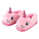 Pantuflas de peluche con diseño de unicornio en color celeste, con cuerno brillante y detalles bordados en el rostro.