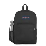 Mochila JanSport negra con logo en el frente, compartimento principal amplio, bolsillo frontal con organizador interno, bolsillo lateral de malla para botella de agua, panel trasero acolchado y correas de hombro acolchadas.