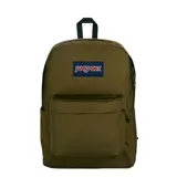 Mochila Jansport modelo Superbreak Plus, color verde militar, con compartimento principal amplio y bolsillo frontal con cierre. Cuenta con el parche clásico de la marca en la parte delantera.