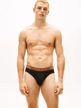 Pack de tres calzoncillos tipo slip de algodón elástico con cintura elástica personalizada con el logo y nombre de la marca Tommy Hilfiger. Cada unidad presenta una banda elástica de distinto color: verde oliva, marrón y azul marino, sobre una base de color negro.