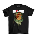 Remera negra de algodón con estampa frontal de David Bowie caracterizado como astronauta con su icónico rayo en el rostro.