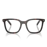 Armazón de lentes Prada modelo B11, de diseño rectangular con patrón carey en tonos marrones y detalles metálicos triangulares en las esquinas superiores del frente.