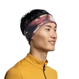 Cuello tubular multifuncional Buff Coolnet UV con estampado abstracto en tonos borgoña, amarillo, blanco y negro.