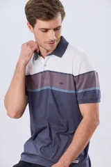 Remera polo de manga corta con diseño de franjas horizontales en tonos azul, beige, marrón y celeste. Cuenta con cuello camisero, cierre frontal de dos botones y pequeño logo bordado en el pecho.
