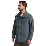 Campera azul con capucha, cierre frontal con botones a presión, múltiples bolsillos y logo bordado en el pecho.