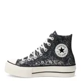 Championes Converse Chuck Taylor All Star Lift Platform Glitter de caña alta, color negro con glitter plateado, plataforma blanca y cordones blancos.