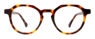Armazón de acetato color carey con forma ovalada aplanada en la parte superior con ángulos geométricos y lentes de 49 mm de ancho.