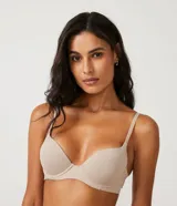 Soutien básico de microfibra color beige, diseñado para ofrecer soporte y cobertura total. Cuenta con aros, copas con relleno ligero y tirantes ajustables.