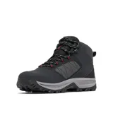 Bota de senderismo Columbia modelo Transverse Hike, impermeable y transpirable. Presenta una combinación de cuero y malla en color negro con detalles en gris y toques de rojo en los cordones. Cuenta con entresuela TechLite para amortiguación y suela Omni-Grip para tracción todoterreno.