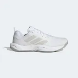 Championes de entrenamiento Adidas Rapidmove, color blanco con detalles en gris claro, diseñados para movimientos dinámicos y multidireccionales. Presentan una parte superior de punto transpirable, entresuela de EVA para soporte y un sistema de torsión asimétrico.