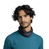 Cuello multifuncional Buff Coolnet Uv Bonsy Graphite, de tela elástica y transpirable con protección solar UPF 50. Diseño tubular con estampado cuadriculado en tonos grises y logo de la marca.