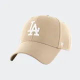 Gorra 47 Brand de los Los Angeles Dodgers, color beige con bordado frontal en relieve del logo "LA" en color blanco. Presenta visera curva y logo de la marca bordado en el lateral.