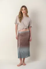 Pollera larga marrón con lentejuelas degradadas en celeste.