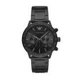 Reloj cronógrafo Emporio Armani modelo Mario, con caja y pulsera de acero inoxidable en color negro. Presenta una esfera negra con índices y manecillas a tono, función de cronógrafo y ventana de fecha.