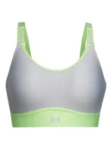 Top deportivo Under Armour modelo Infinity Mid 2.0, color gris con detalles en verde lima. Cuenta con soporte medio, tirantes ajustables y paneles de malla para mayor transpirabilidad.