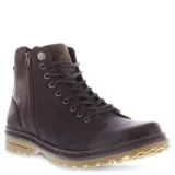 Bota de cuero color beige, con cordones y cierre lateral.