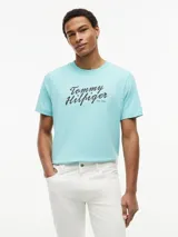 Remera celeste de manga corta Tommy Hilfiger, con cuello redondo y logo gráfico script bordado en el pecho.